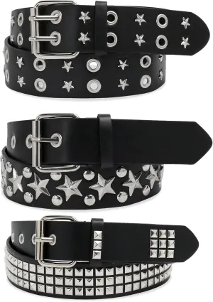 3 Pcs Black Star Gothic Punk Rock Belt with Grommet Threads Bright Metal Pyramid for Women Men