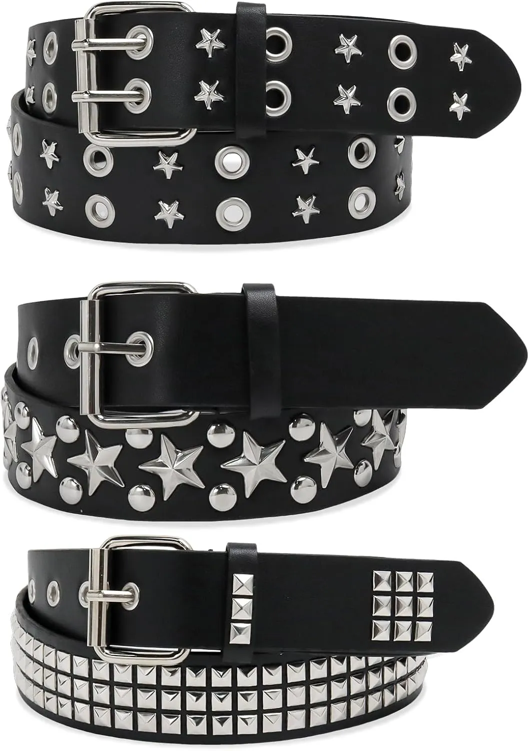 3 Pcs Black Star Gothic Punk Rock Belt with Grommet Threads Bright Metal Pyramid for Women Men