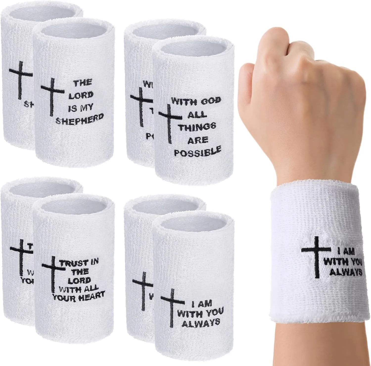 8 Pcs Bible Verse Sports Wristbands Inspirational Christian Faith Sweatbands Women Men White Absorbent Wristbands Polyester Cotton Sweatbands for Football Basketball Running Gym Working Out