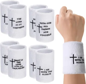 8 Pcs Bible Verse Sports Wristbands Inspirational Christian Faith Sweatbands Women Men White Absorbent Wristbands Polyester Cotton Sweatbands for Football Basketball Running Gym Working Out