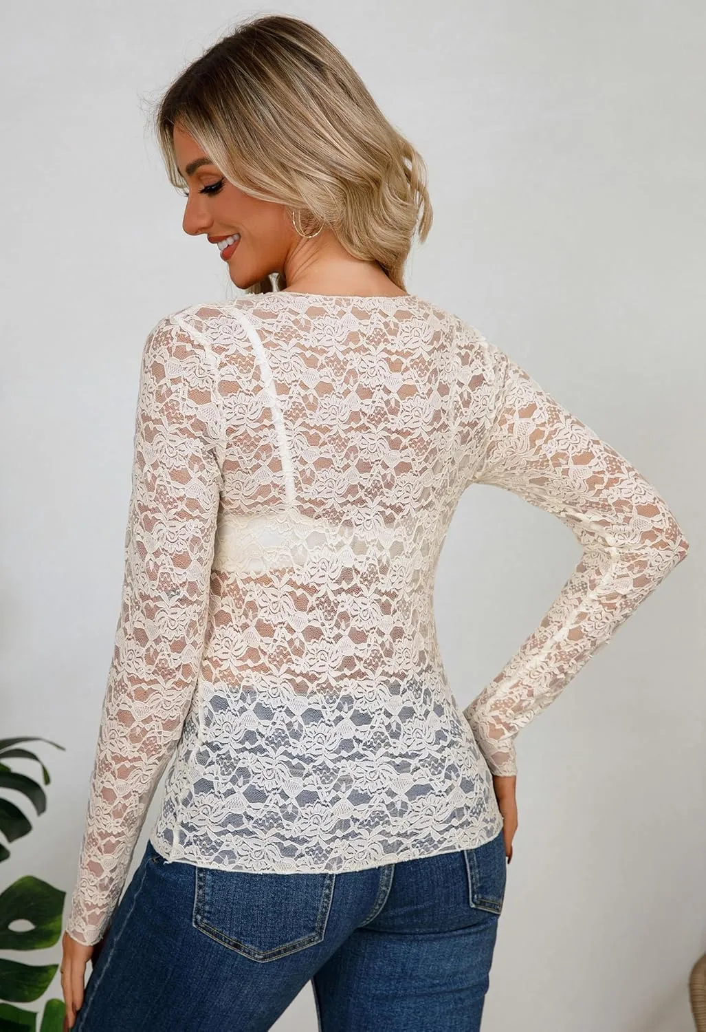 AISEW Womens Lace Floral Long Sleeve Mesh Tops Round Neck Sheer Blouse Sexy See Through Layering Top Shirts