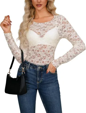 AISEW Womens Lace Floral Long Sleeve Mesh Tops Round Neck Sheer Blouse Sexy See Through Layering Top Shirts