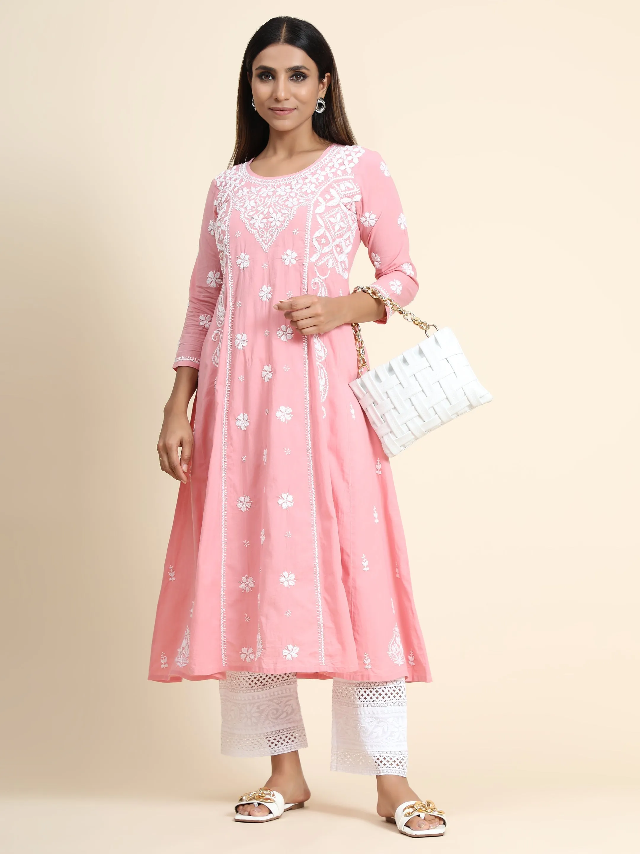 Chikankari Hand Anarkali embroidery Round neck Dress in Cotton