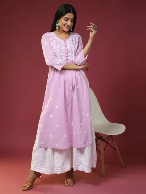 Chikankari Hand embroidery Round neck Dress with Pocket- Lavender