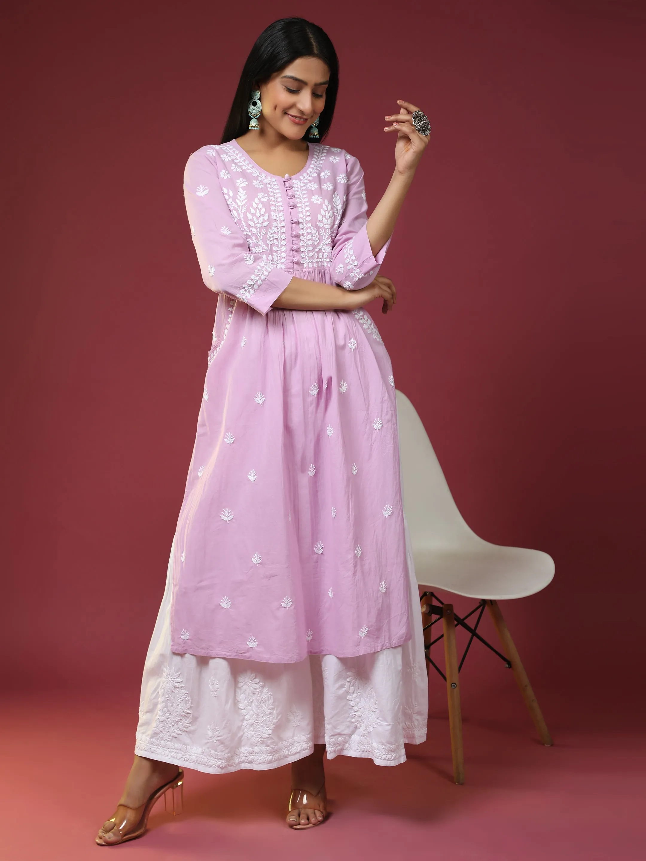 Chikankari Hand embroidery Round neck Dress with Pocket- Lavender