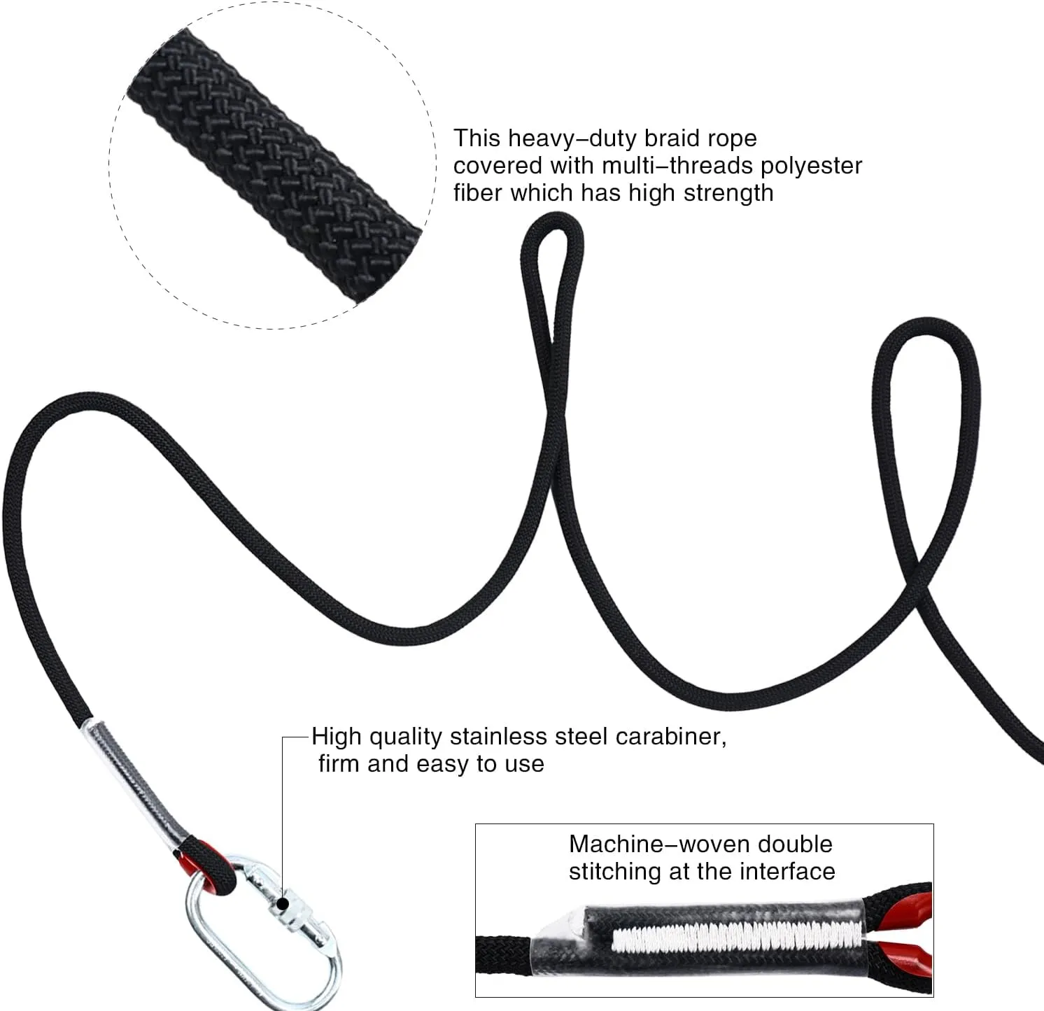 Climbing Rope 12mm 98Ft (30m) Static Climbing Rope Outdoor Rock Climbing Rope Braided Polyester Static Rock Climbing Rope High Strength Outdoor Rope for Rappelling Rescue Rope Black