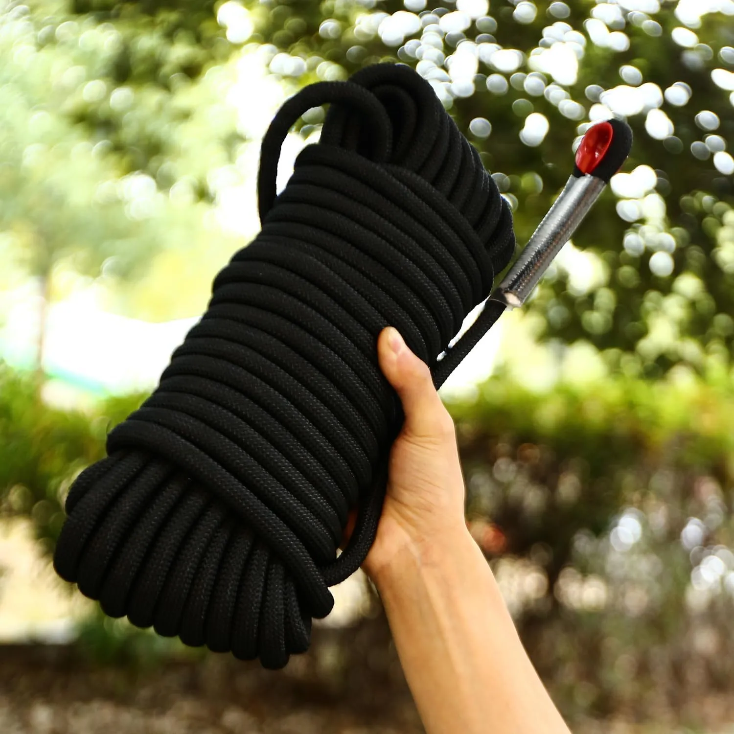 Climbing Rope 12mm 98Ft (30m) Static Climbing Rope Outdoor Rock Climbing Rope Braided Polyester Static Rock Climbing Rope High Strength Outdoor Rope for Rappelling Rescue Rope Black