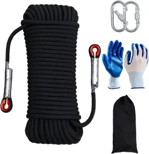 Climbing Rope 12mm 98Ft (30m) Static Climbing Rope Outdoor Rock Climbing Rope Braided Polyester Static Rock Climbing Rope High Strength Outdoor Rope for Rappelling Rescue Rope Black
