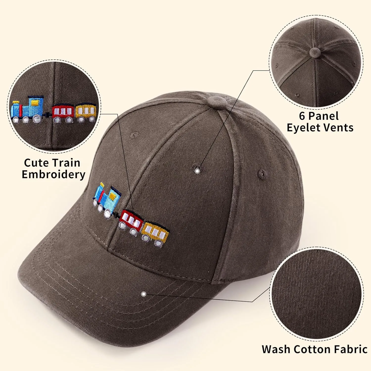 Cute Train Embroidered Kids Baseball Caps Toddler Washed Cotton Vintage Snapback Trucker Hat for Boys Girls 3-8 Years