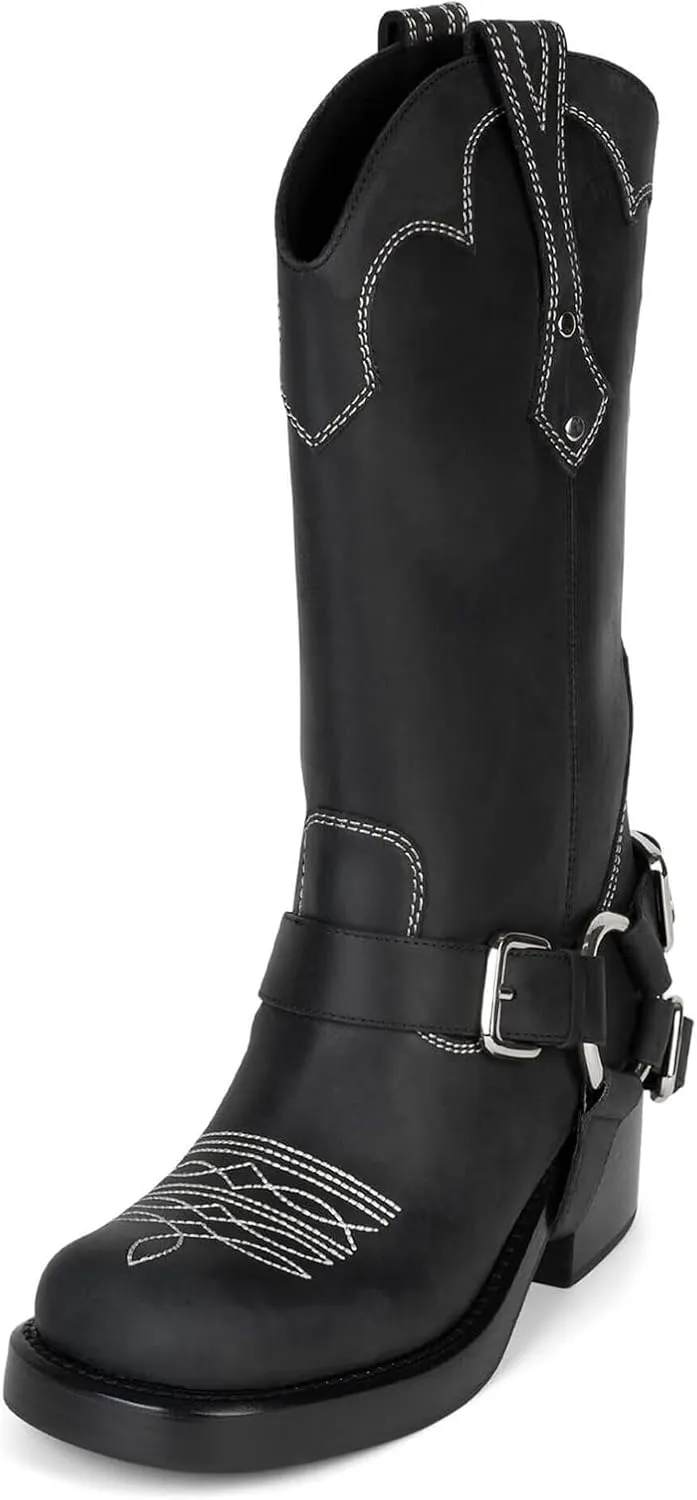 DOEYG Women's Banana Knee High Boots Square Toe Chunky Block Heel Tall Boots Wide Calf Fashion Comfortable Casual Pull on Long Boots