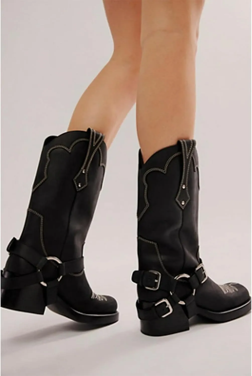 DOEYG Women's Banana Knee High Boots Square Toe Chunky Block Heel Tall Boots Wide Calf Fashion Comfortable Casual Pull on Long Boots