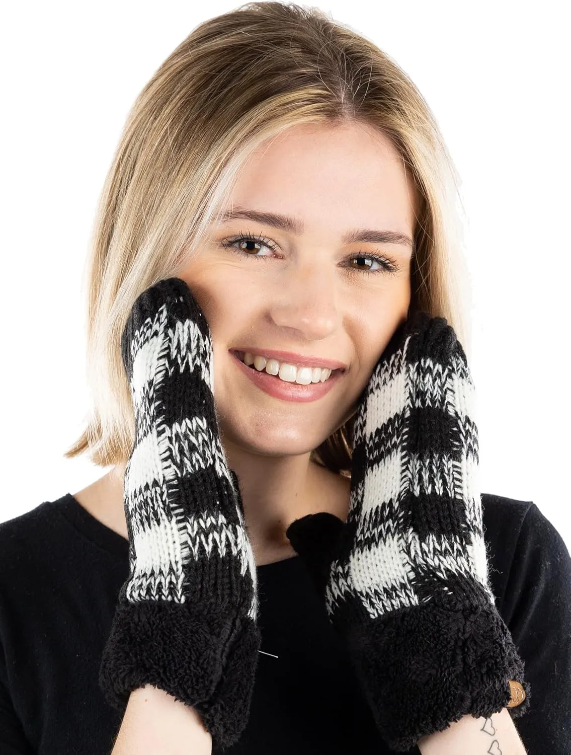 Funky Junque Women's Cozy Fleece-Lined Winter Knit Mittens with Comfort Ribbed Cuff