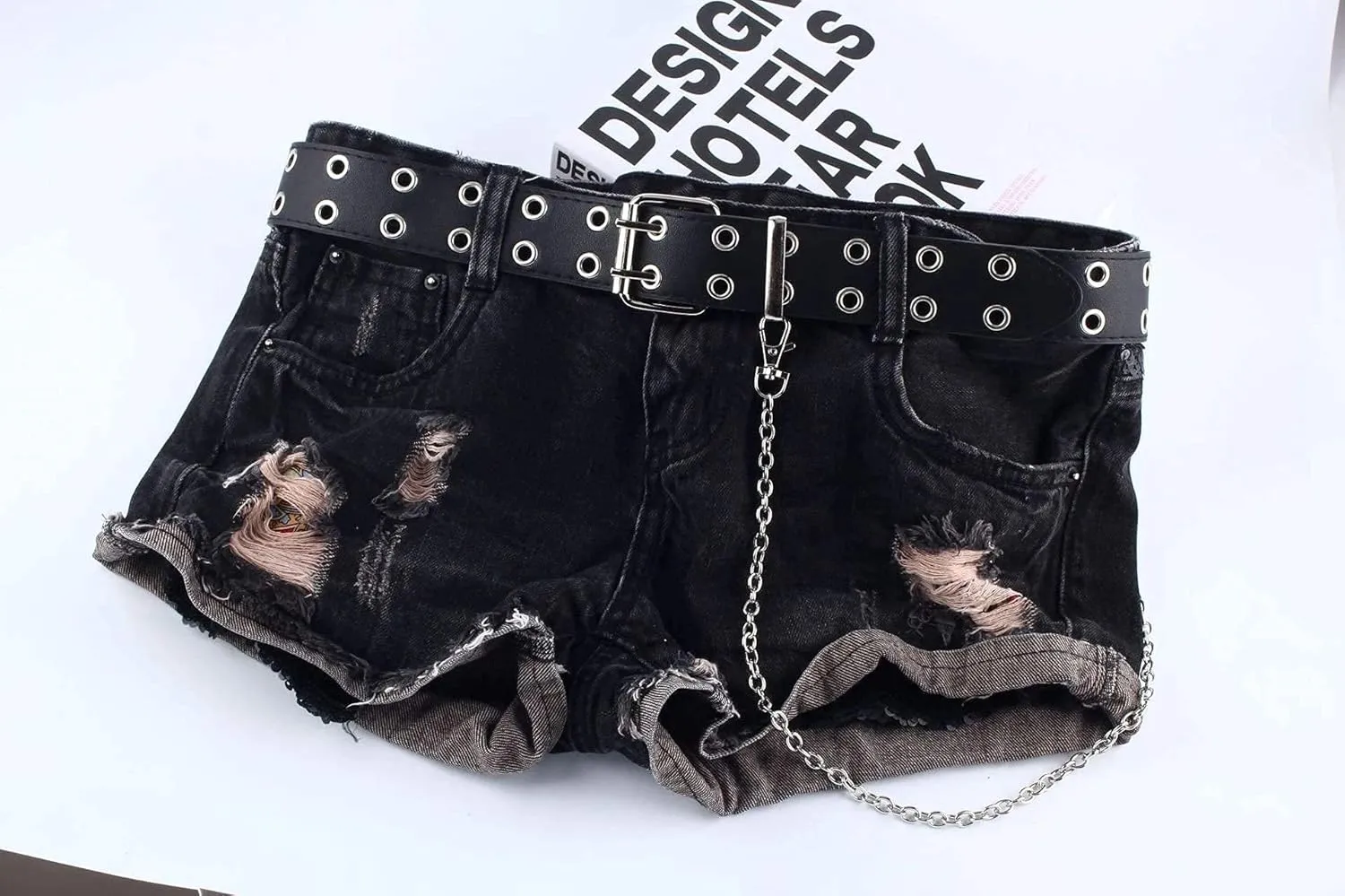INOGIH Double-Grommet-Belt Leather Punk-Waist-Belt with Chain for Women Jeans Dresses