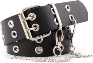 INOGIH Double-Grommet-Belt Leather Punk-Waist-Belt with Chain for Women Jeans Dresses