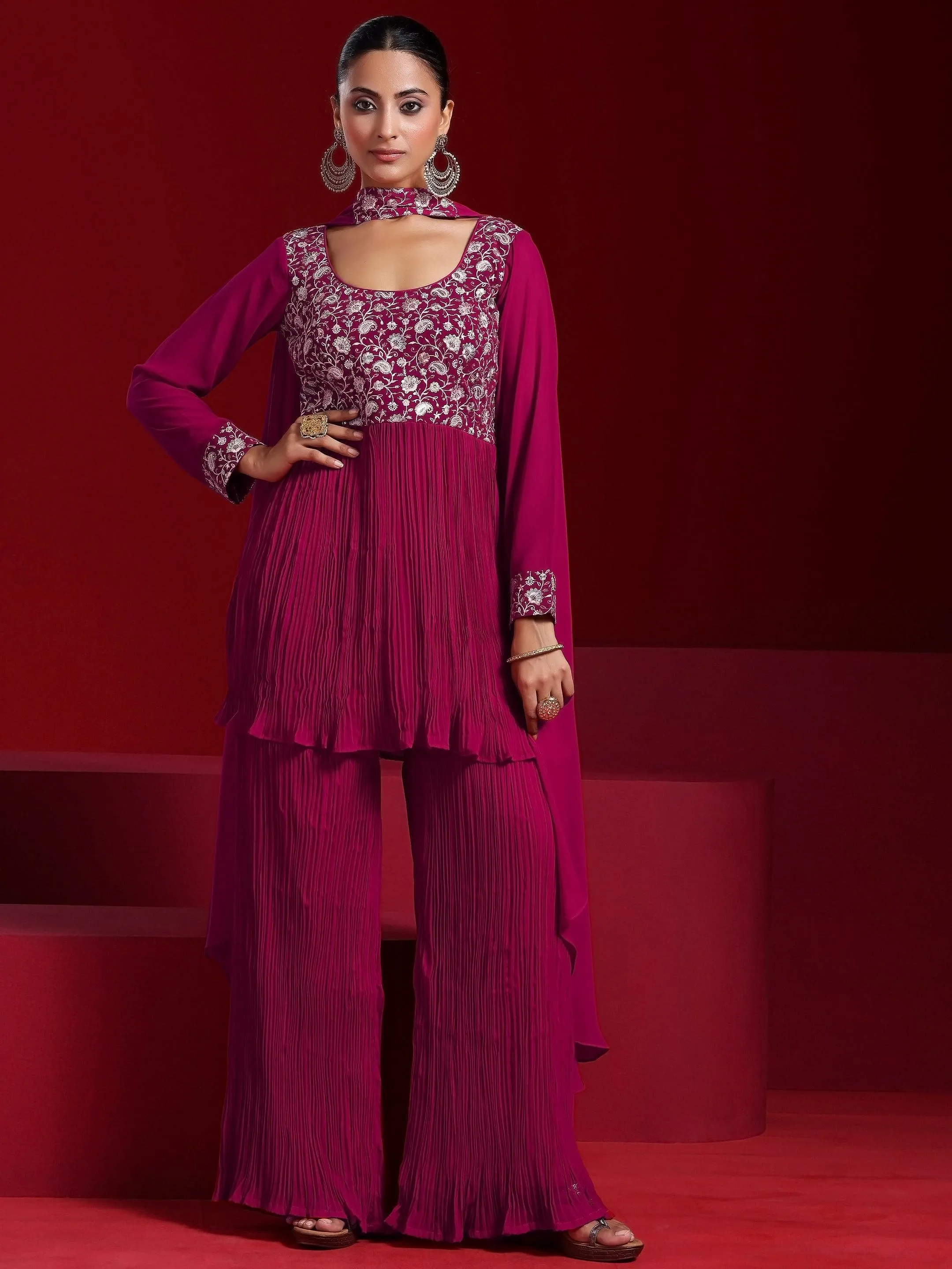 Jashvi Art Pink Embroidered Georgette A-Line Kurta With Sharara & Dupatta