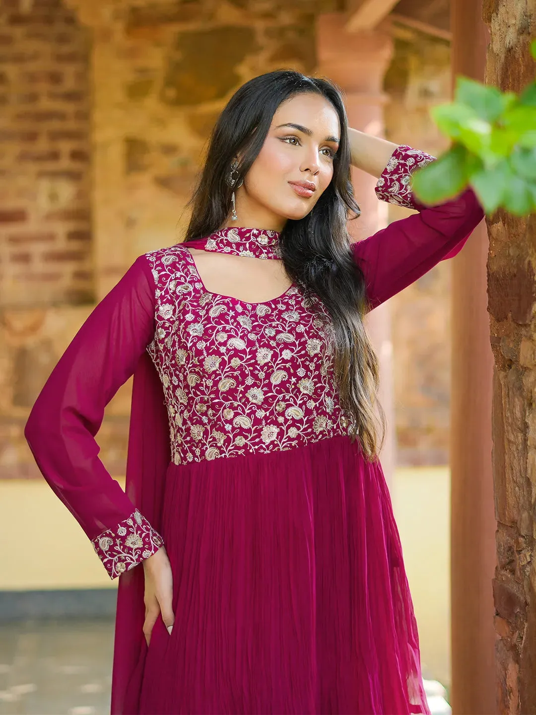 Jashvi Art Pink Embroidered Georgette A-Line Kurta With Sharara & Dupatta