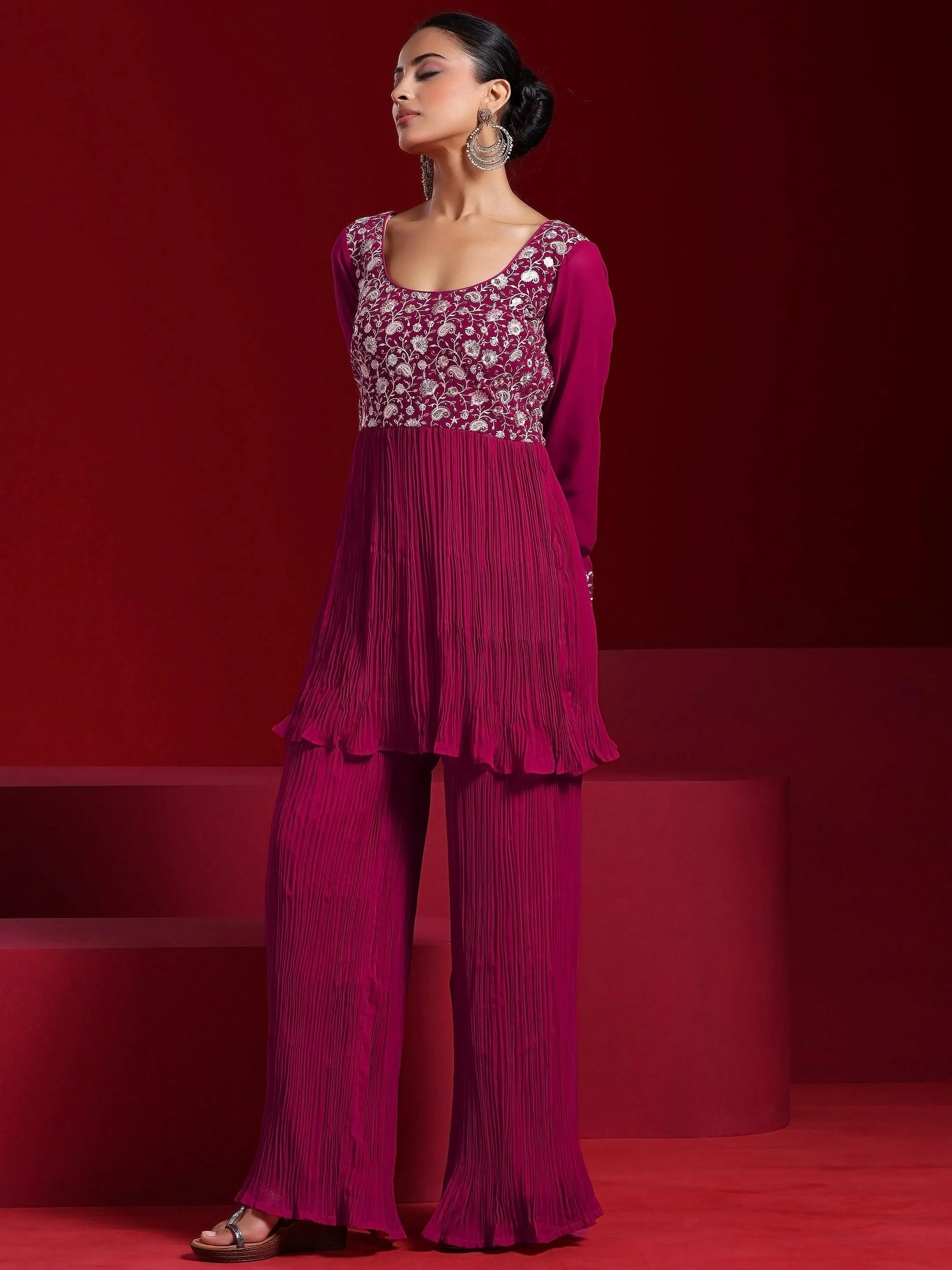 Jashvi Art Pink Embroidered Georgette A-Line Kurta With Sharara & Dupatta