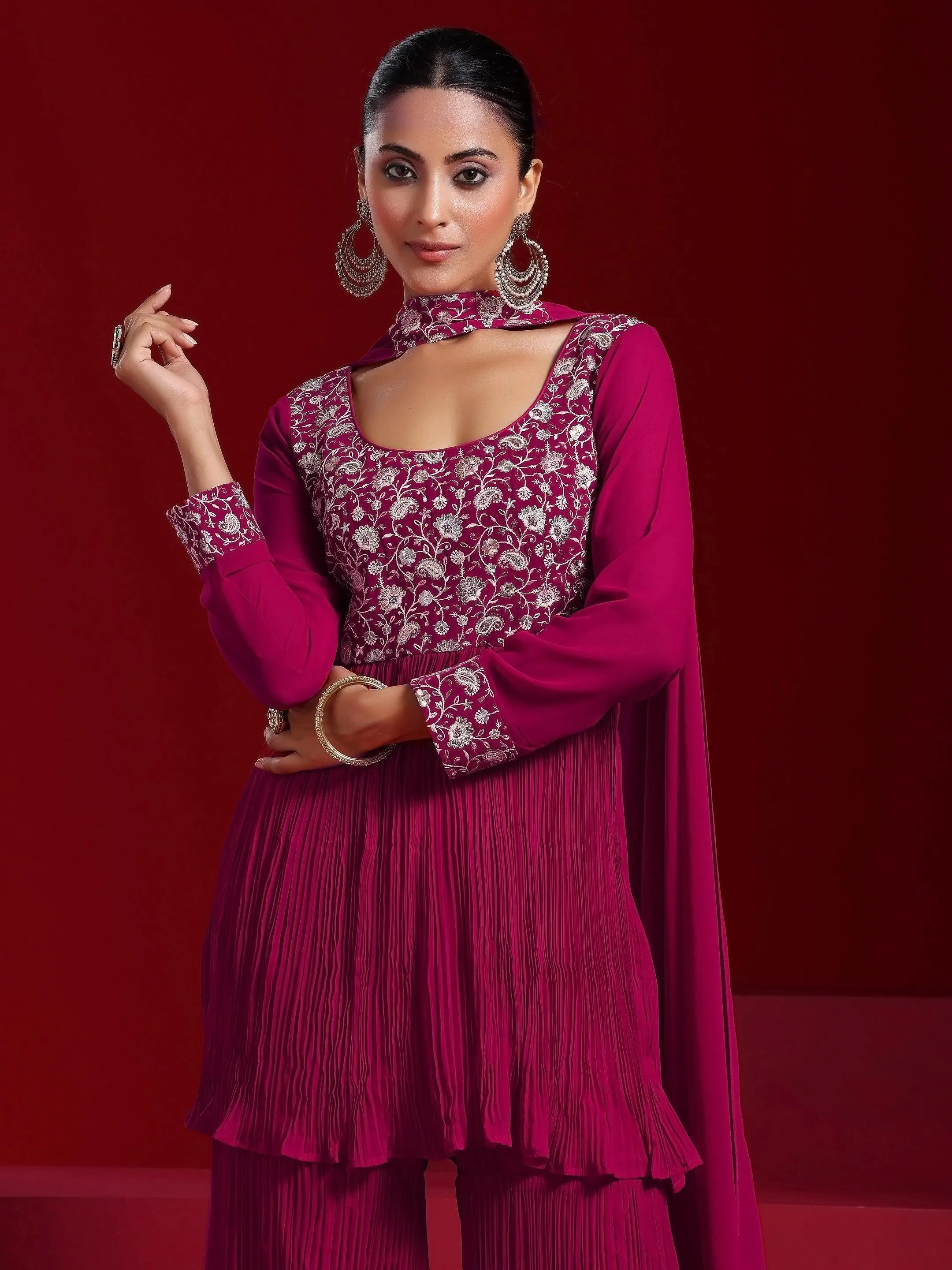 Jashvi Art Pink Embroidered Georgette A-Line Kurta With Sharara & Dupatta