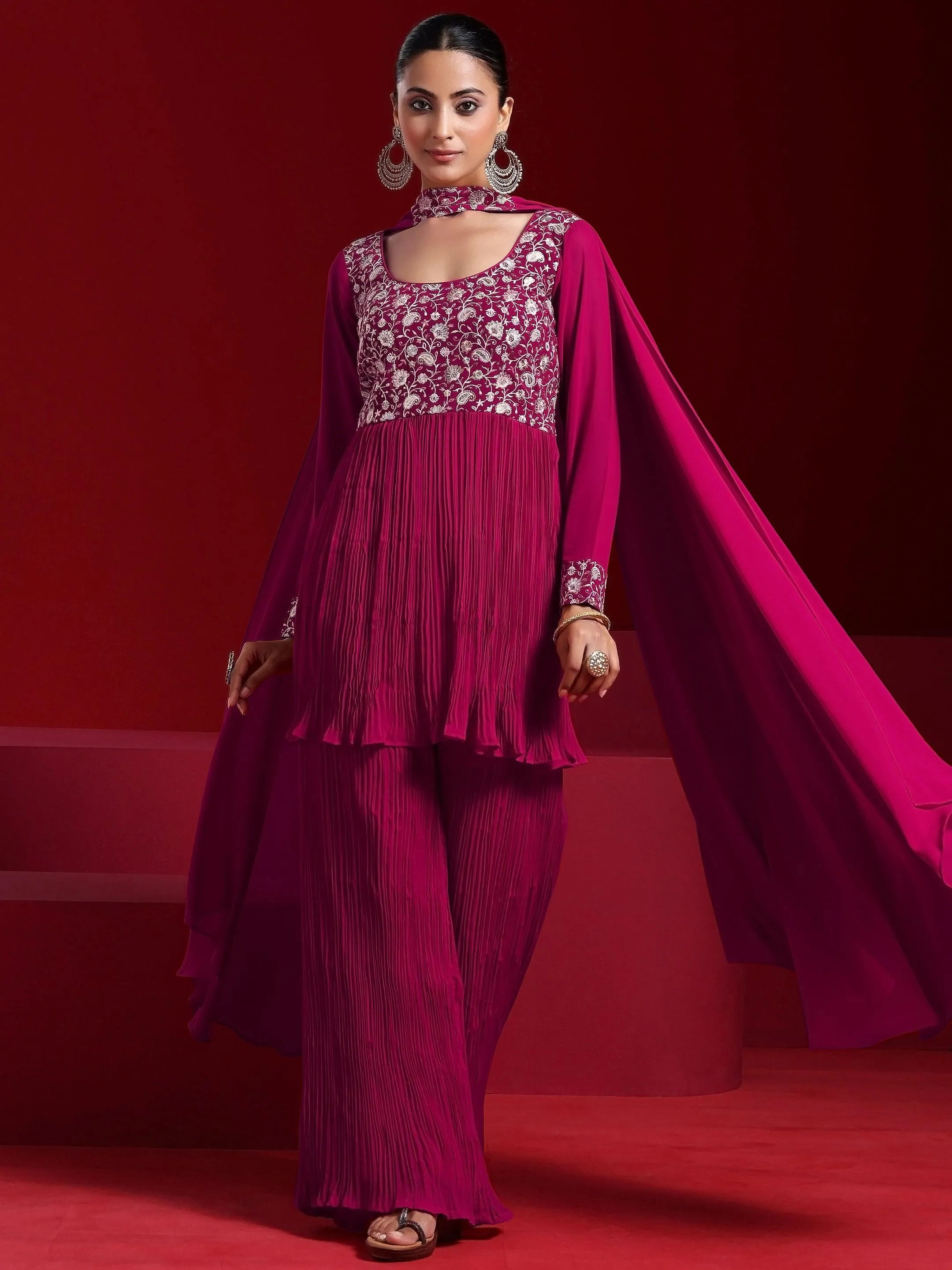 Jashvi Art Pink Embroidered Georgette A-Line Kurta With Sharara & Dupatta