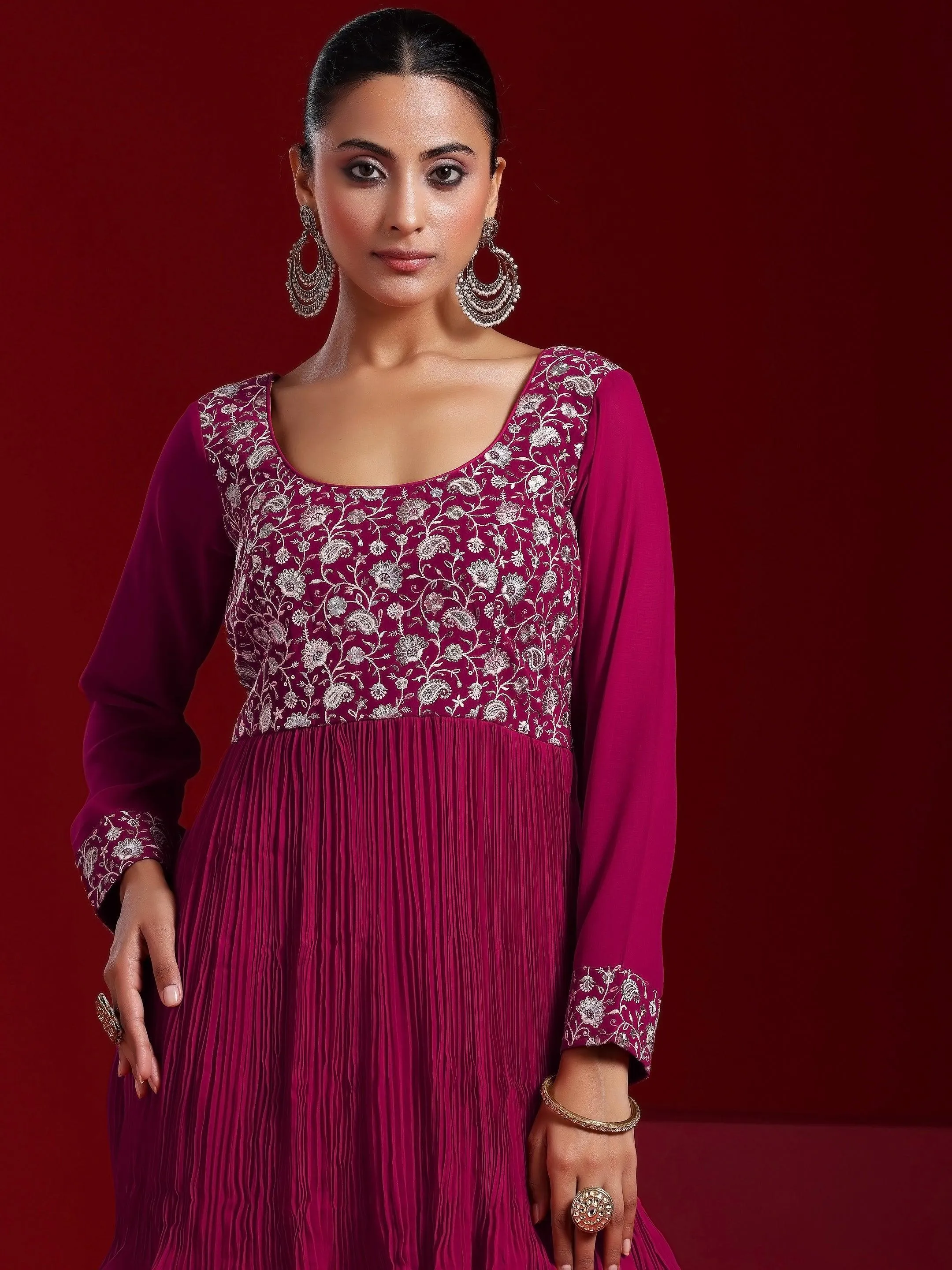 Jashvi Art Pink Embroidered Georgette A-Line Kurta With Sharara & Dupatta