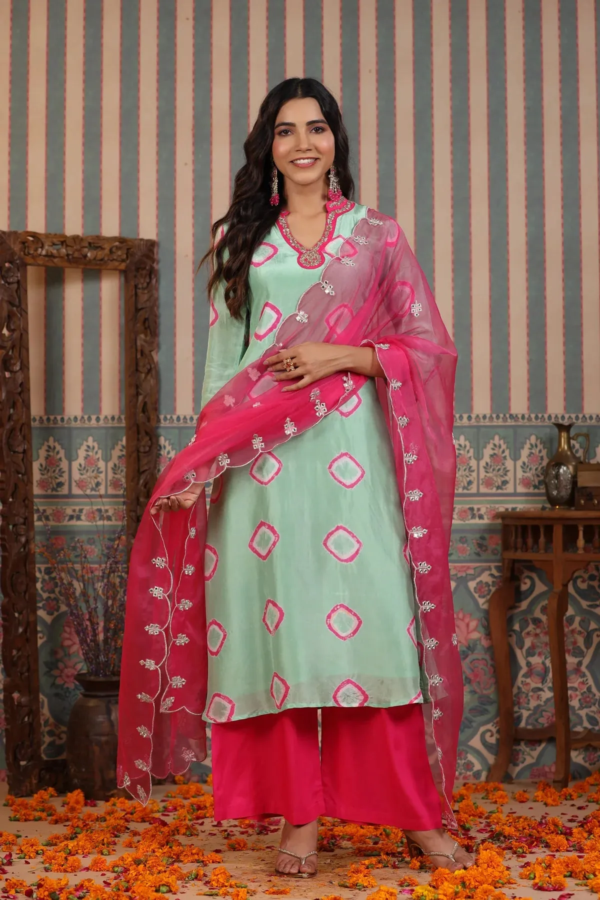 Mint Green Suit Set With Handwork