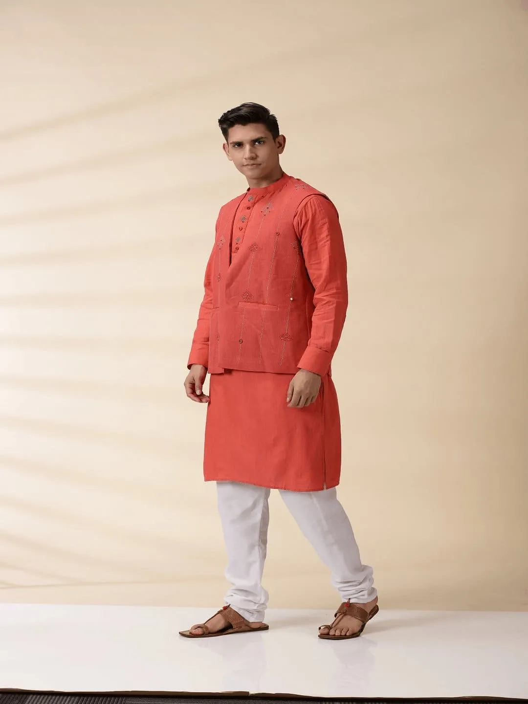Orange Khadi Men's Nehru Jacket & Kurta Set