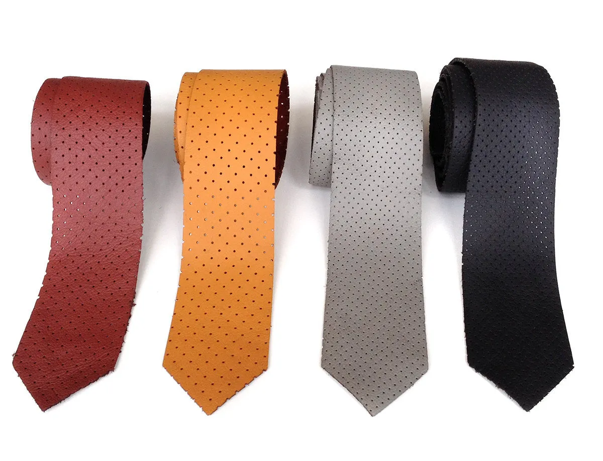 Perforated Oxblood Red Leather Necktie, automotive leather tie