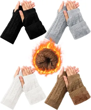 Shihanee 4 Pairs Winter Fleece Lined Fingerless Gloves for Women Half Finger Warm Knit Gloves Wrist Warmers Crochet Thumbhole Mittens for Womens Cold Weather