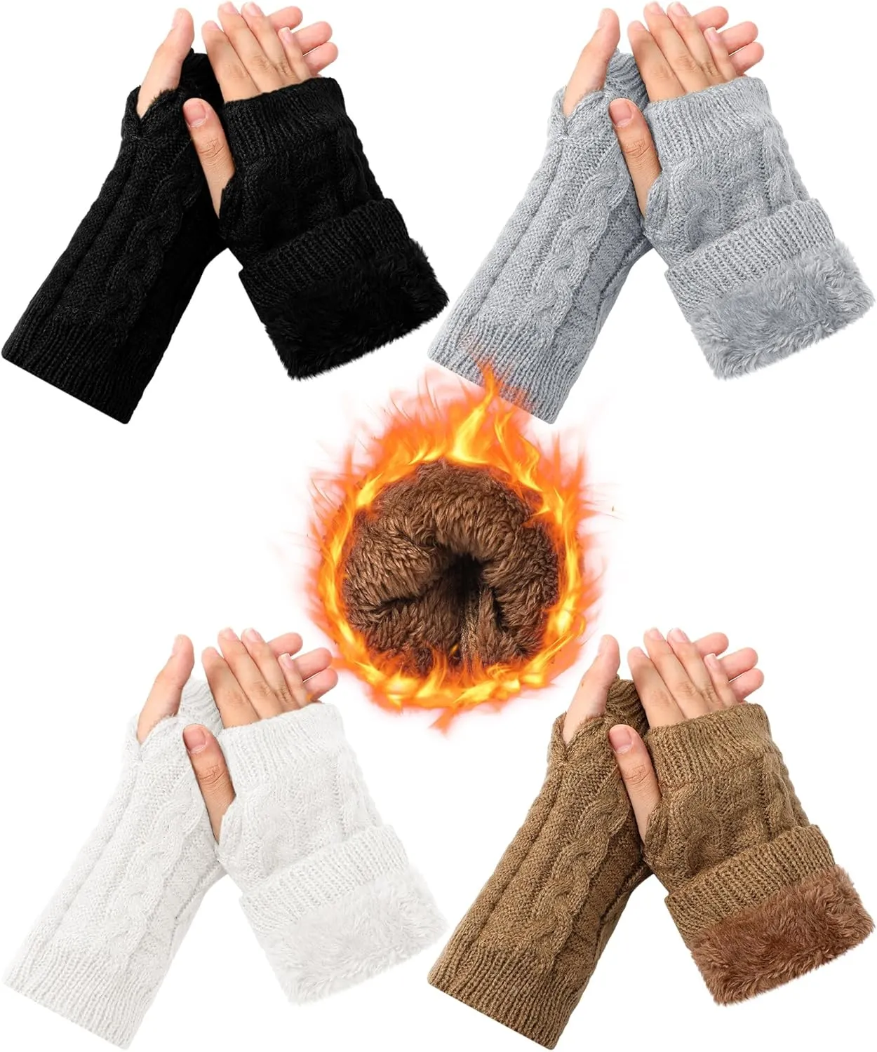 Shihanee 4 Pairs Winter Fleece Lined Fingerless Gloves for Women Half Finger Warm Knit Gloves Wrist Warmers Crochet Thumbhole Mittens for Womens Cold Weather