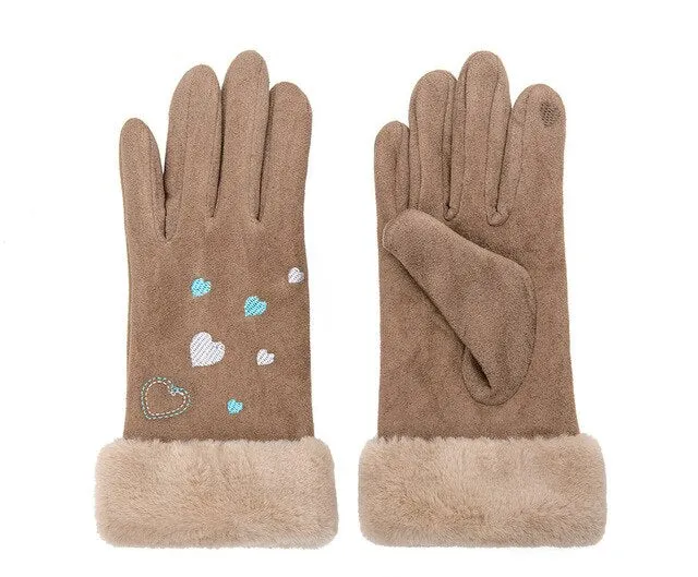 Suede Five Fingers Gloves Cute With Embroidered Heart