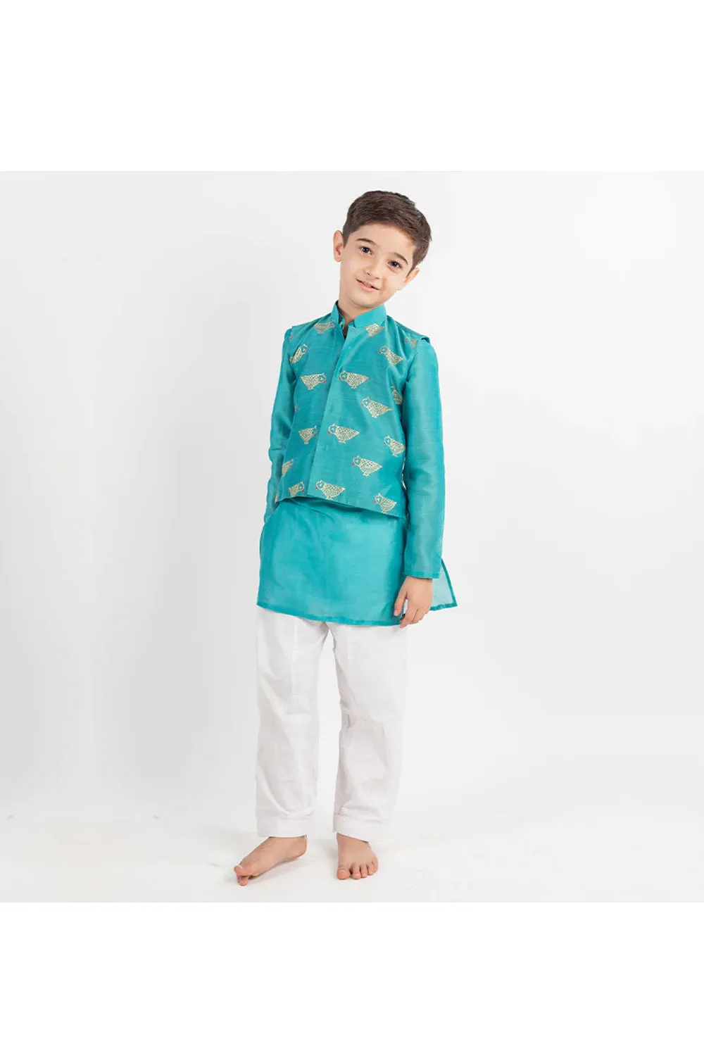 Teal Blue Kurta With Motif Embroidered Nehru Jacket And Pyjama