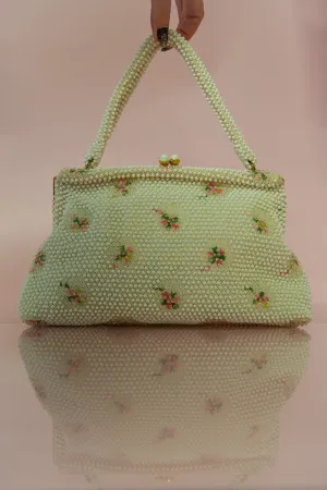 Vintage 1950s Ivory Floral Beaded Corde Bag