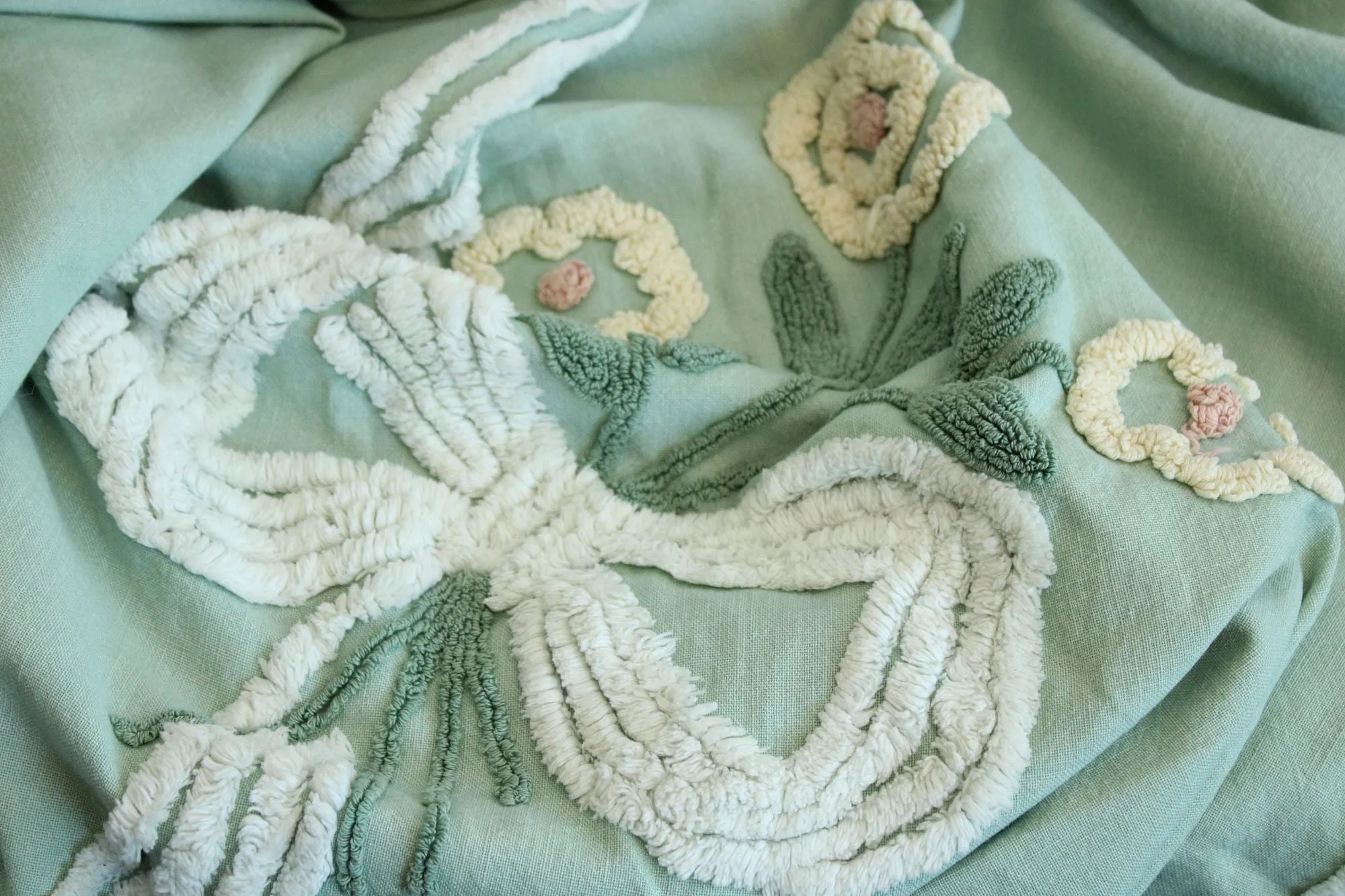 Vintage 1950s Mint Green King Size Chenille and Linen Coverlet