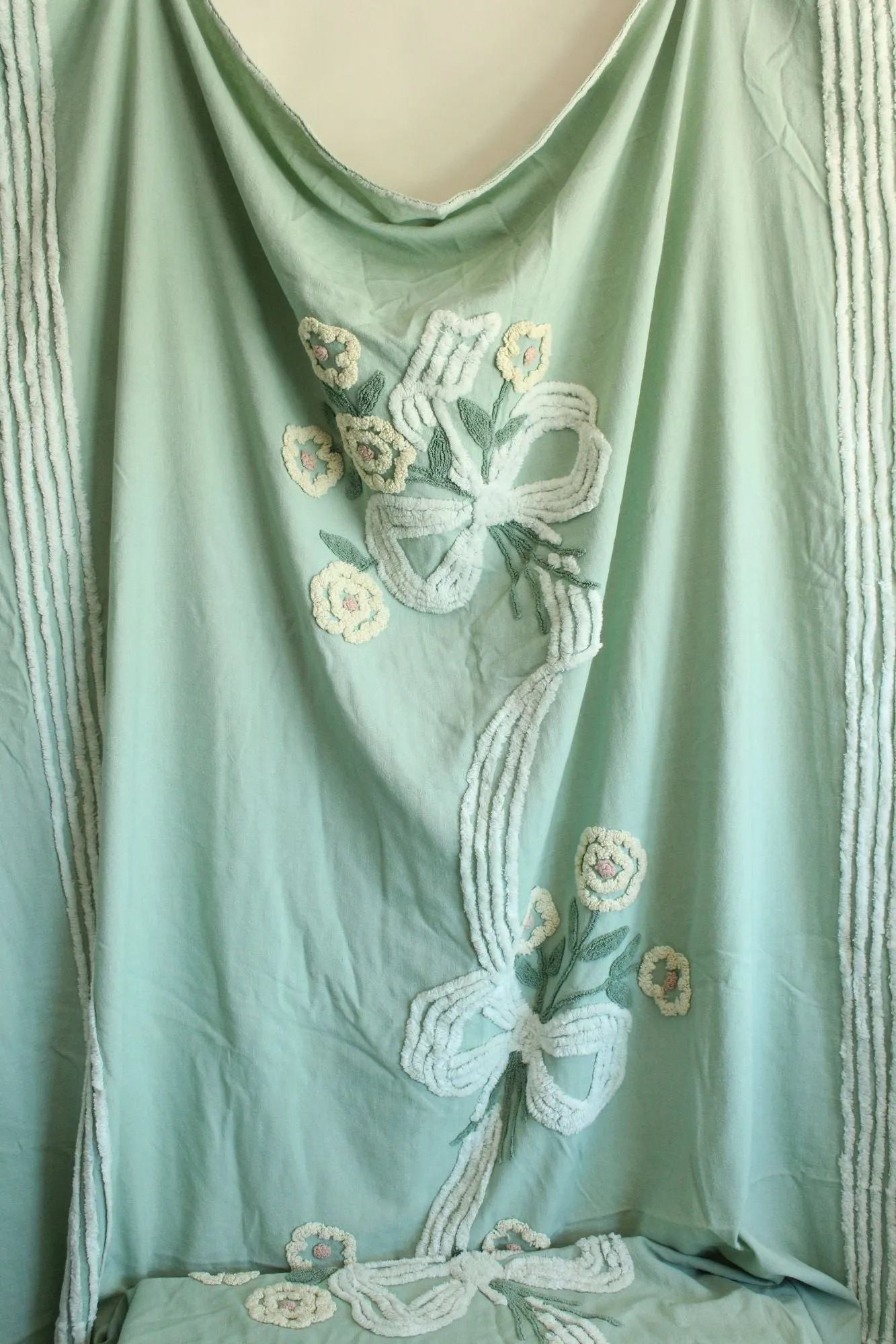 Vintage 1950s Mint Green King Size Chenille and Linen Coverlet