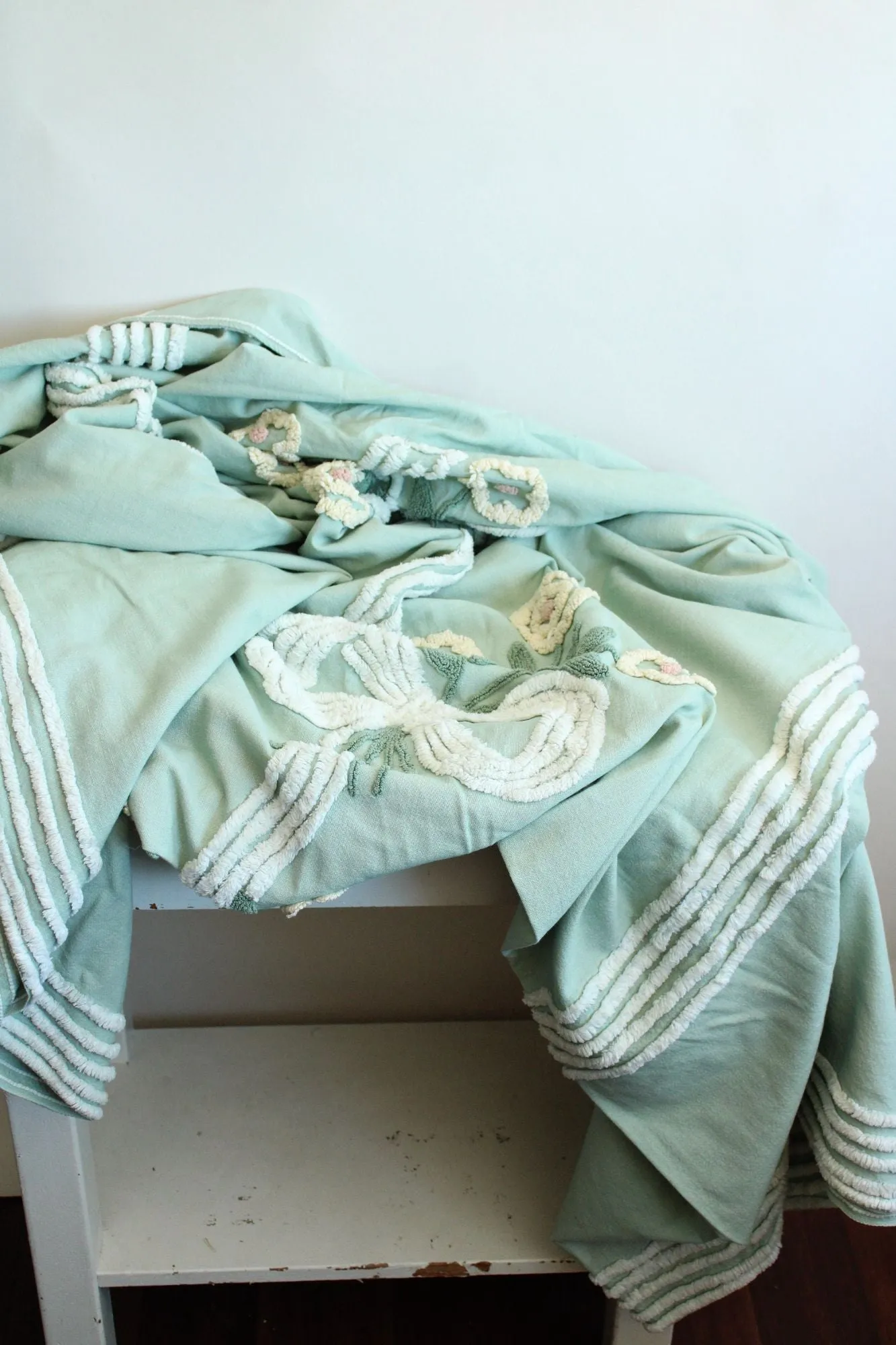 Vintage 1950s Mint Green King Size Chenille and Linen Coverlet