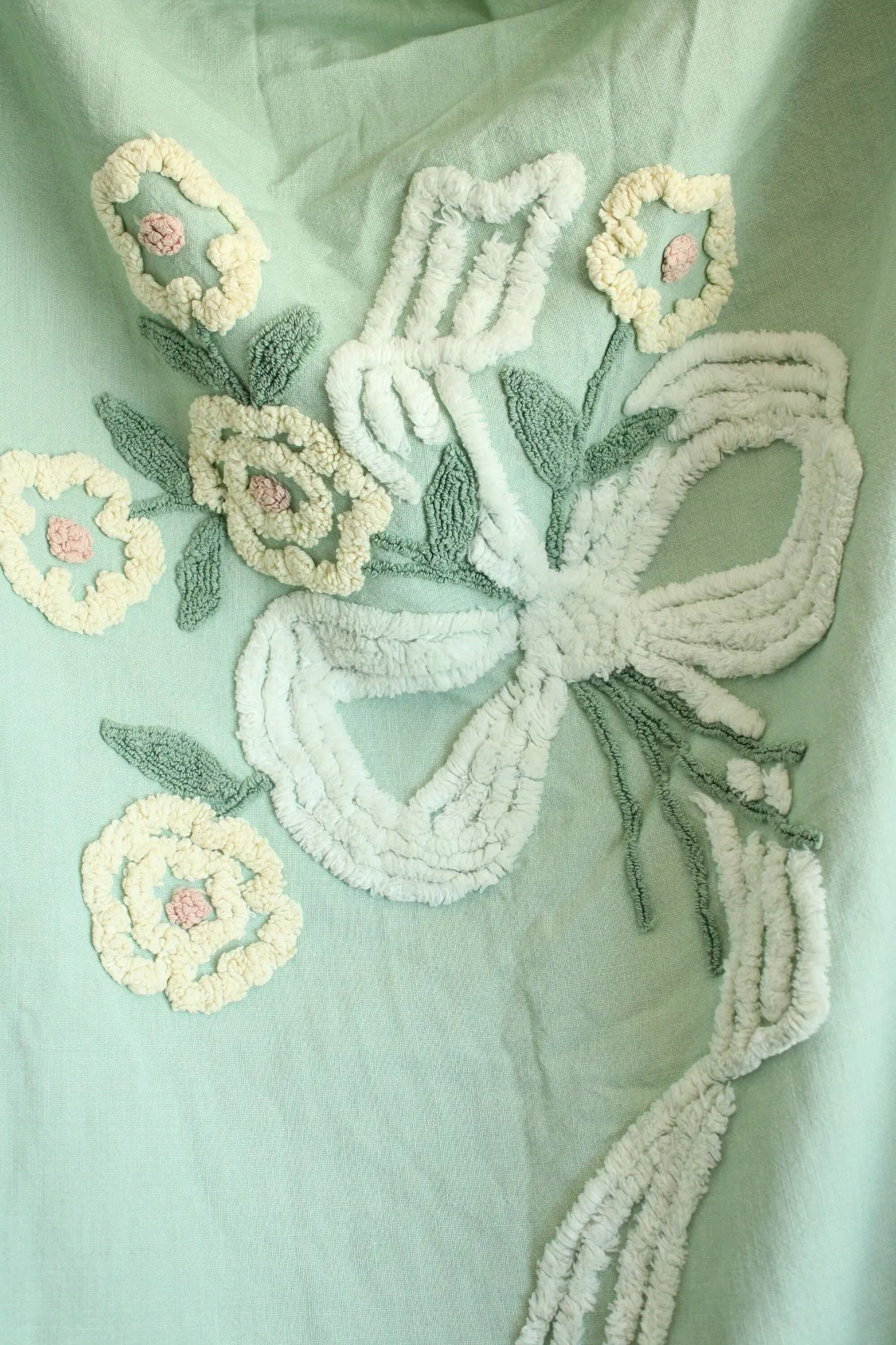 Vintage 1950s Mint Green King Size Chenille and Linen Coverlet