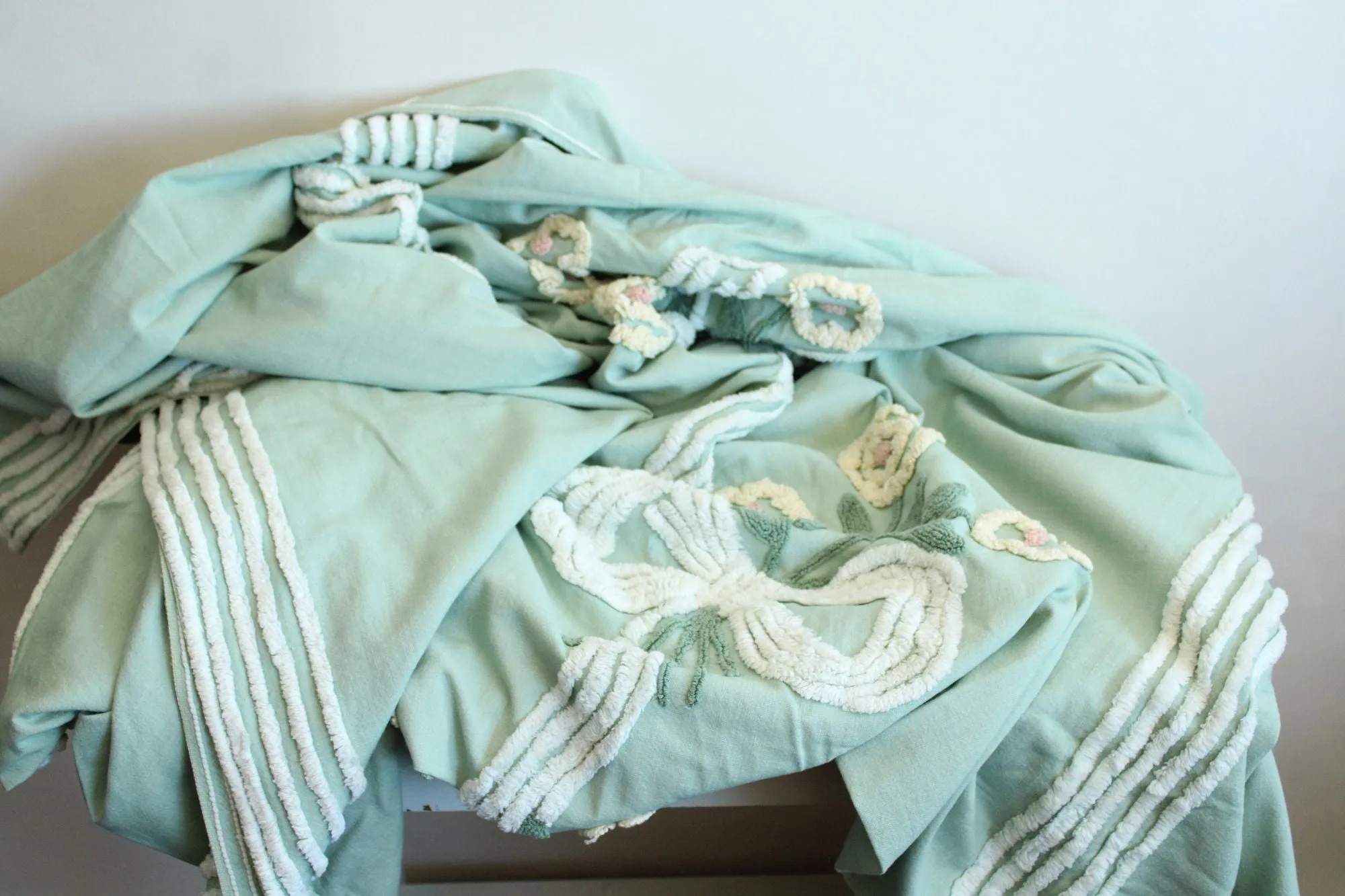 Vintage 1950s Mint Green King Size Chenille and Linen Coverlet