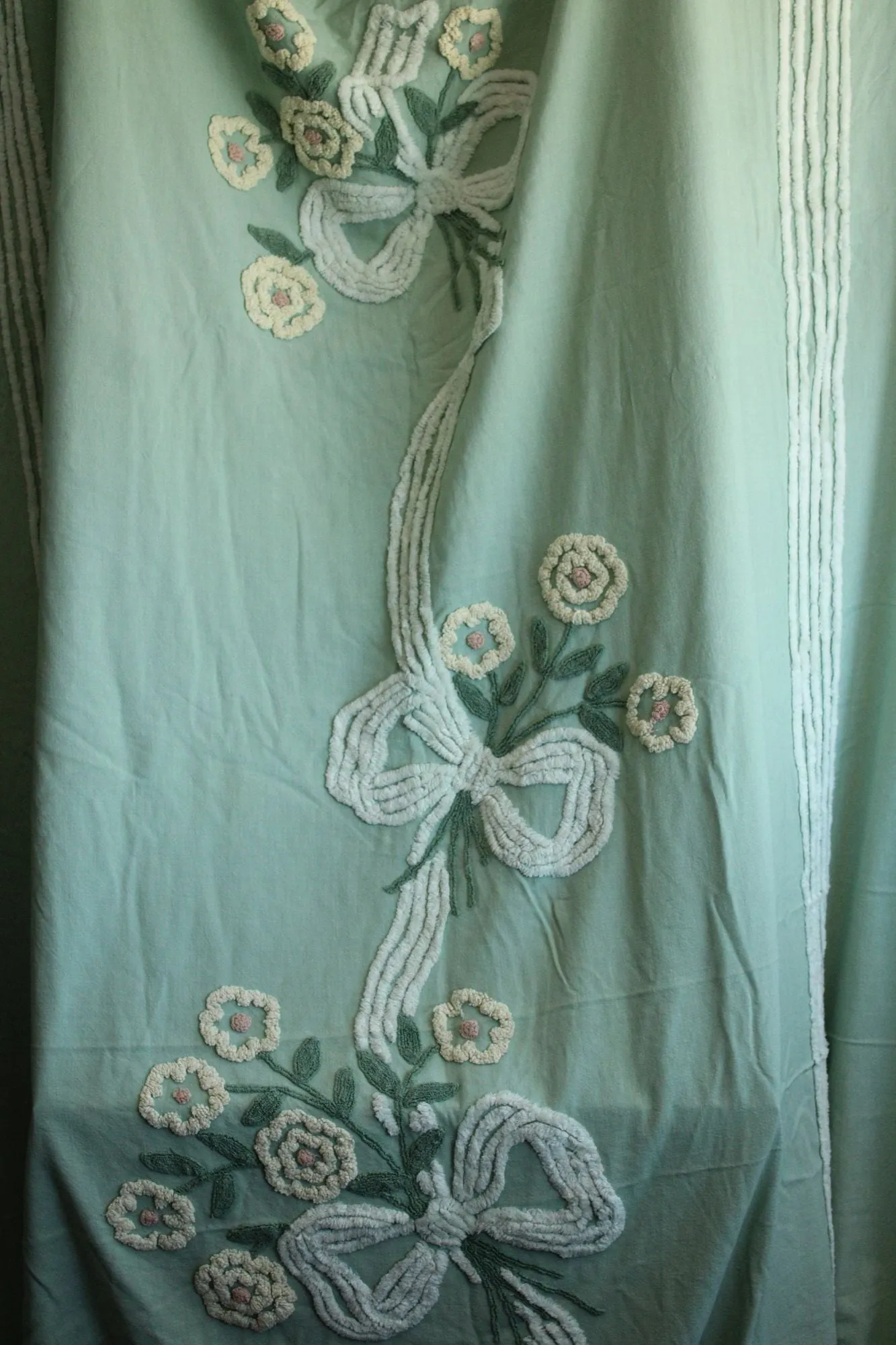 Vintage 1950s Mint Green King Size Chenille and Linen Coverlet