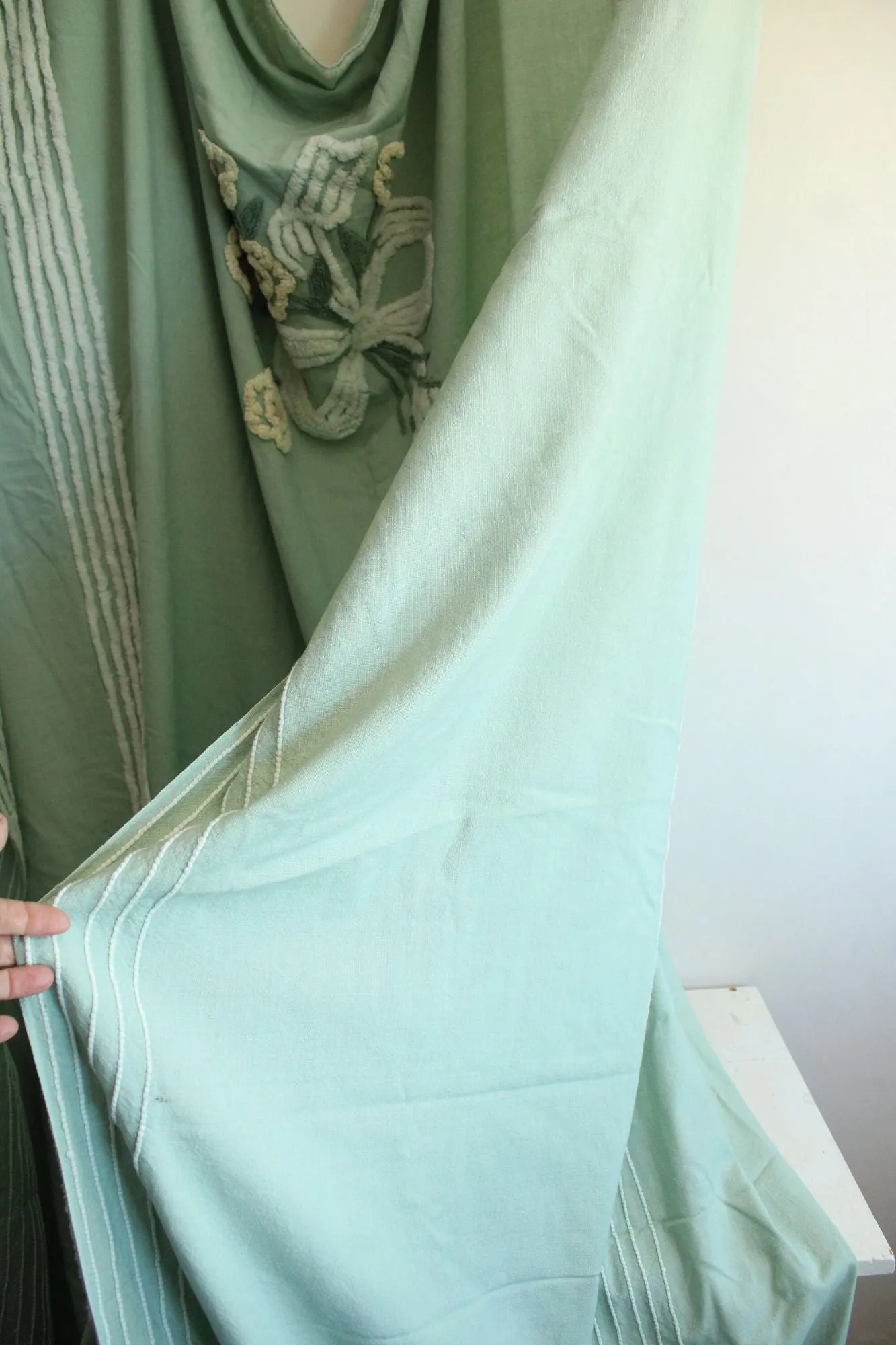 Vintage 1950s Mint Green King Size Chenille and Linen Coverlet