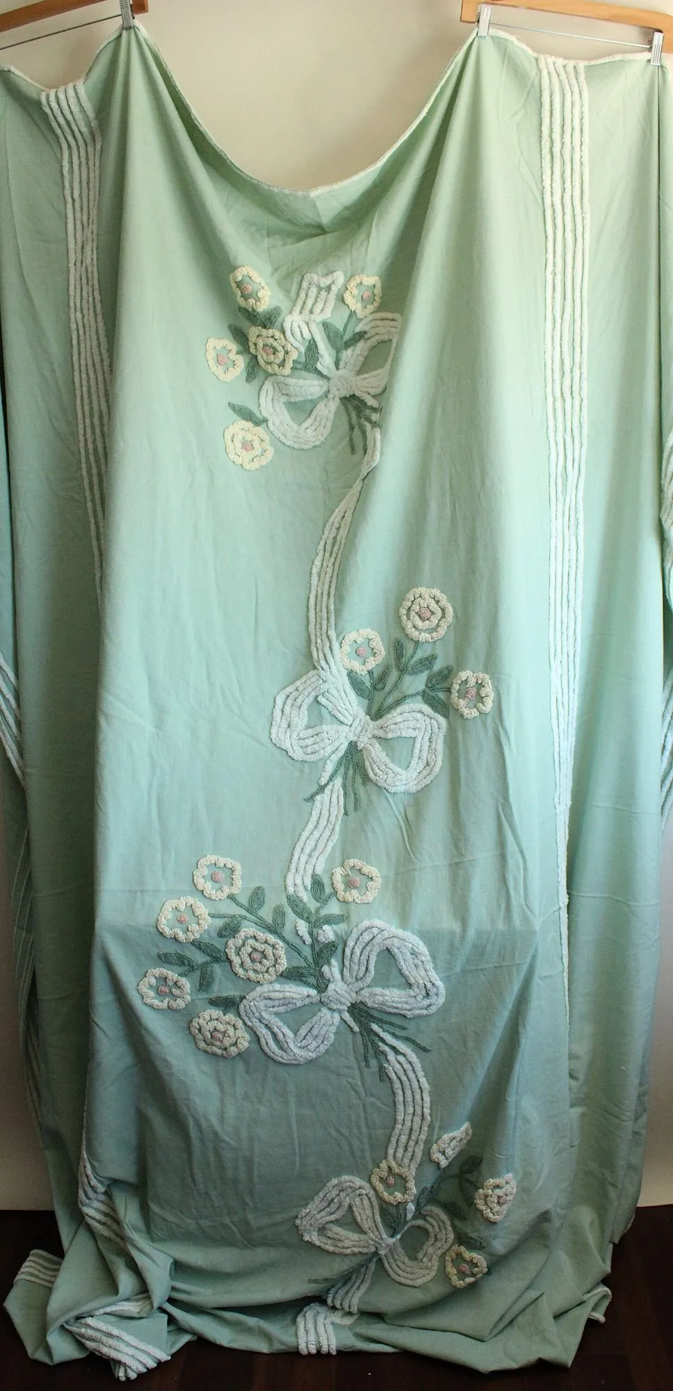 Vintage 1950s Mint Green King Size Chenille and Linen Coverlet