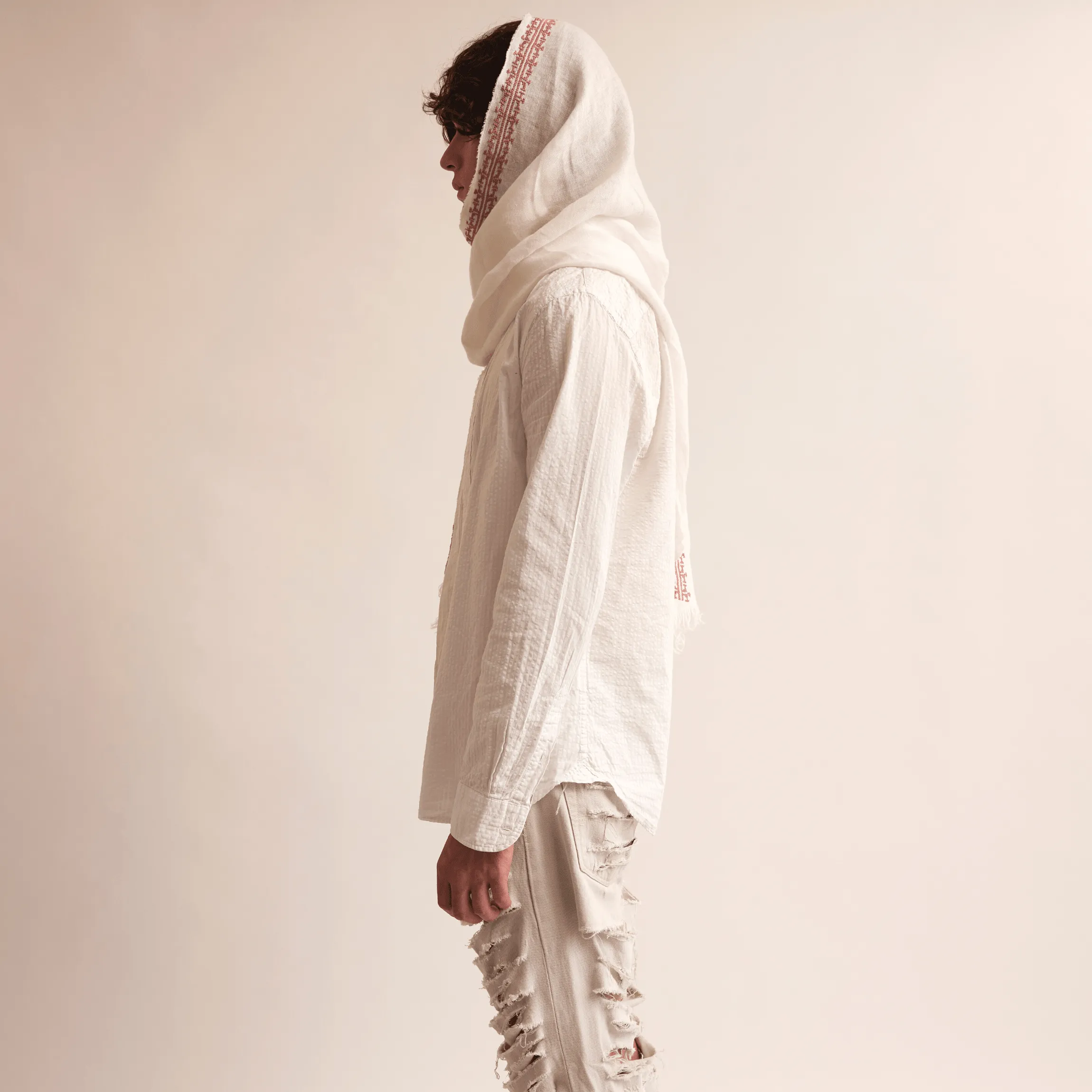 WHITE LINEN SHAWL ANTIQUE PINK IBRAHIM