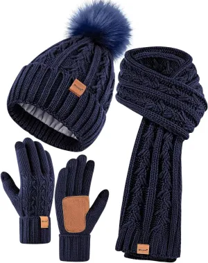 Womens Beanie Hat Scarf Gloves Set, Fleece Lined Winter Hat with Pom Pom, Long Knit Scarf Touchscreen Gloves for Cold Weather