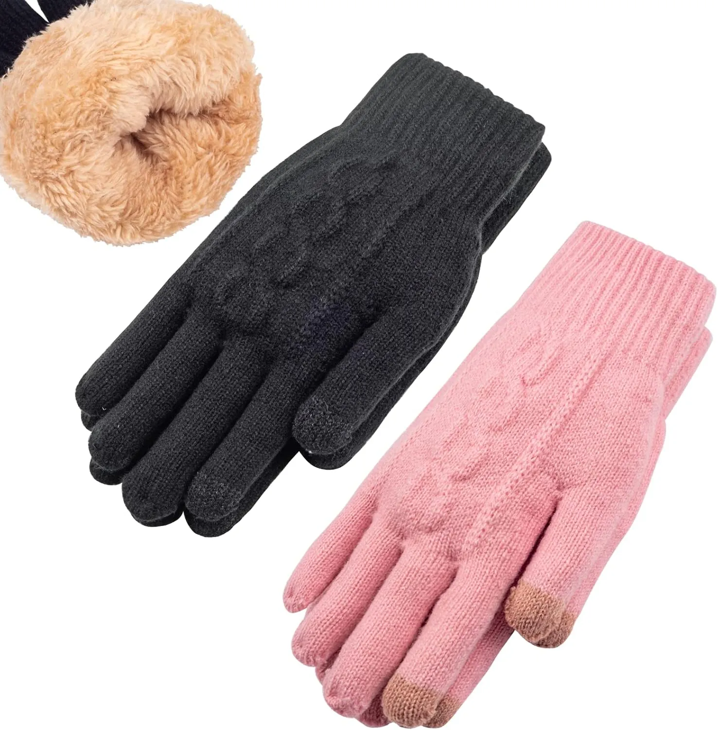 Women's Winter Warm Touch Screen Gloves Womens Thermal Cable Knit Wool Fleece Lined Gloves for Cold Weather