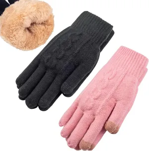 Women's Winter Warm Touch Screen Gloves Womens Thermal Cable Knit Wool Fleece Lined Gloves for Cold Weather