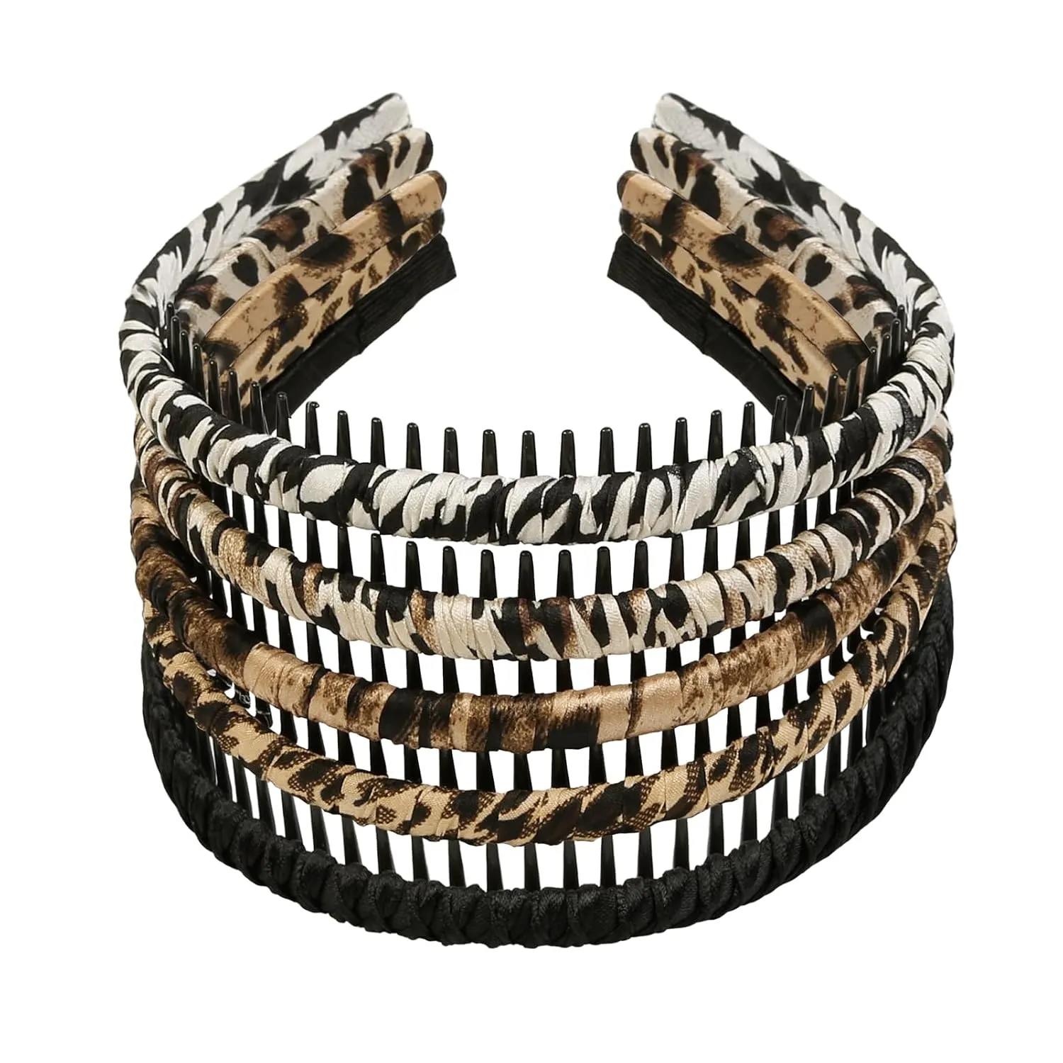 WOWOVOWOVO Headbands for Women Girls Men, Plastic Thin Hairbands with Teeth, Fashion Non Slip Elastic Black Leopard Printed Comb Head Bands for Thick Hair Accessories (5 Packs)
